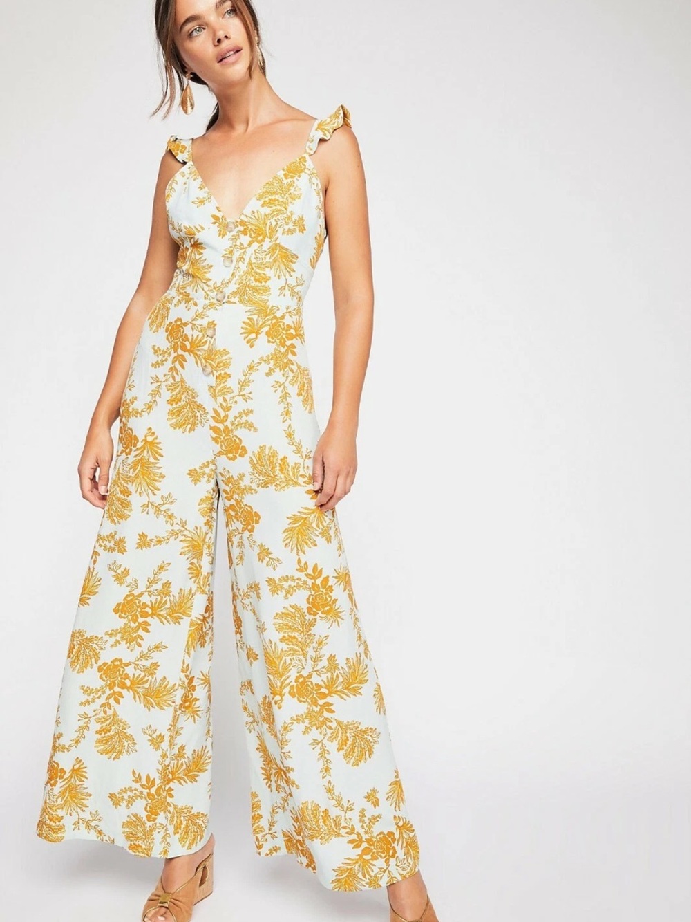 NWT Free People White Jumpsuit with Mustard Floral Print